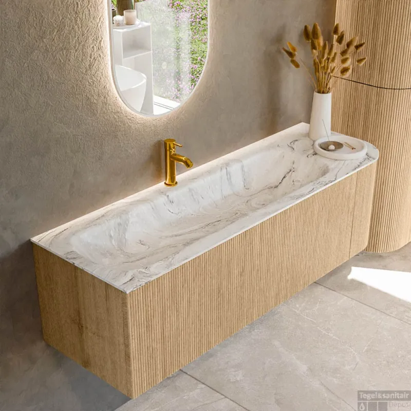 Beste Prijs Mondiaz KURVE-DLUX 145 cm Onderkast Greeploos 1 Lade Met Deuren Oak, Wastafel Solid Surface Links Glace 1 Kraangat Zonder Spiegel (KRVBGL145R1L1D1KL-Oak/Gla)