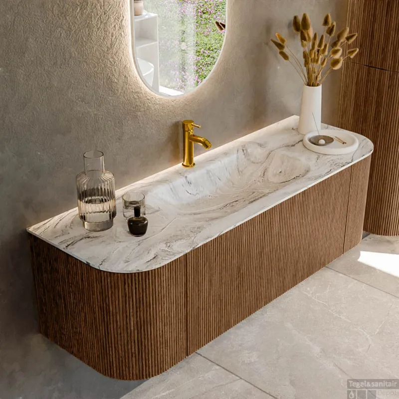 Goedkoop Mondiaz KURVE-DLUX 140 cm Onderkast Greeploos 1 Lade Met Deuren Walnut, Wastafel Solid Surface Midden Glace 1 Kraangat Zonder Spiegel (KRVBGS140L+R1L2D1KM-Wal/Gla)