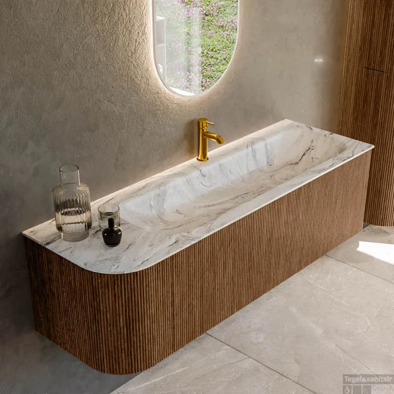 Gereduceerde Prijs Mondiaz KURVE-DLUX 145 cm Onderkast Greeploos 1 Lade Met Deuren Walnut, Wastafel Solid Surface Rechts Glace 1 Kraangat Zonder Spiegel (KRVBGL145L1L1D1KR-Wal/Gla)