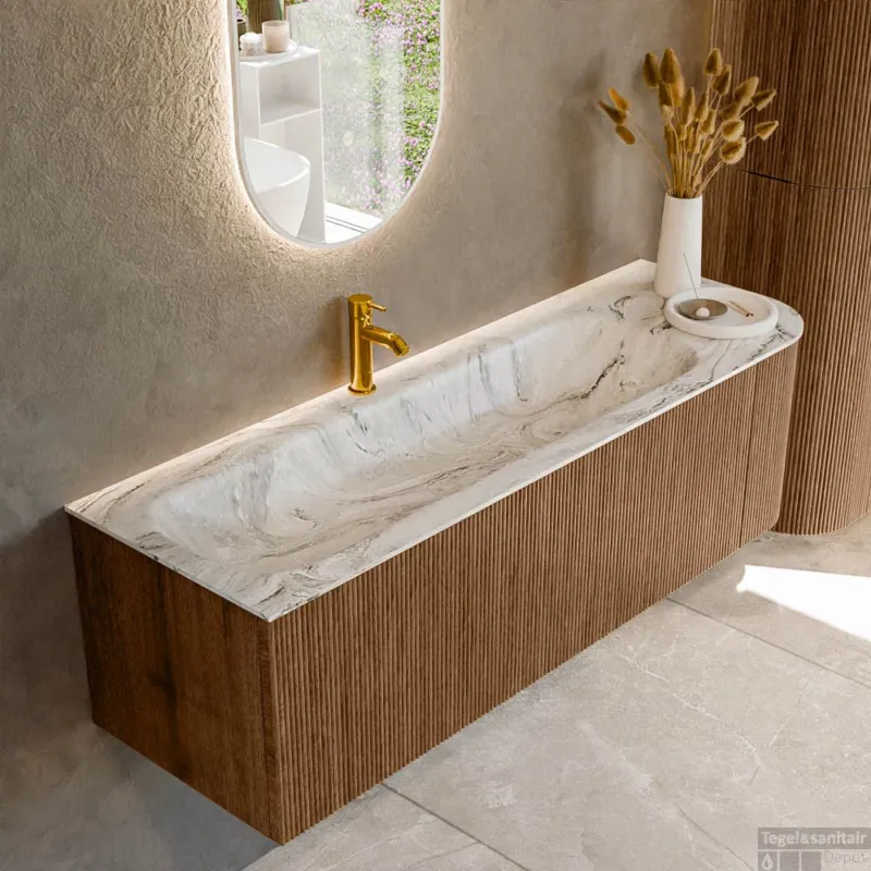 Betrouwbaar Mondiaz KURVE-DLUX 145 cm Onderkast Greeploos 1 Lade Met Deuren Walnut, Wastafel Solid Surface Links Glace 1 Kraangat Zonder Spiegel (KRVBGL145R1L1D1KL-Wal/Gla)