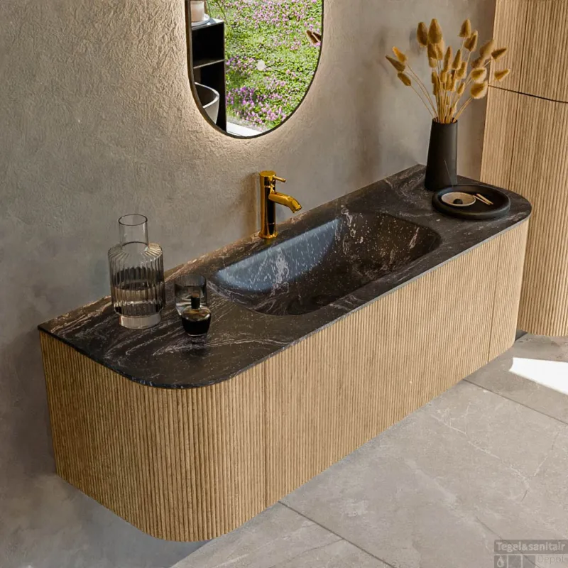 Exclusieve Aanbieding Mondiaz KURVE-DLUX 140 cm Onderkast Greeploos 1 Lade Met Deuren Oak, Wastafel Solid Surface Midden Lava 1 Kraangat Zonder Spiegel (KRVBGS140L+R1L2D1KM-Oak/Lav)
