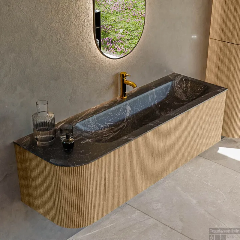 Mondiaz KURVE-DLUX 145 cm Onderkast Greeploos 1 Lade Met Deuren Oak, Wastafel Solid Surface Rechts Lava 1 Kraangat Zonder Spiegel (KRVBGL145L1L1D1KR-Oak/Lav) Finale Uitverkoop
