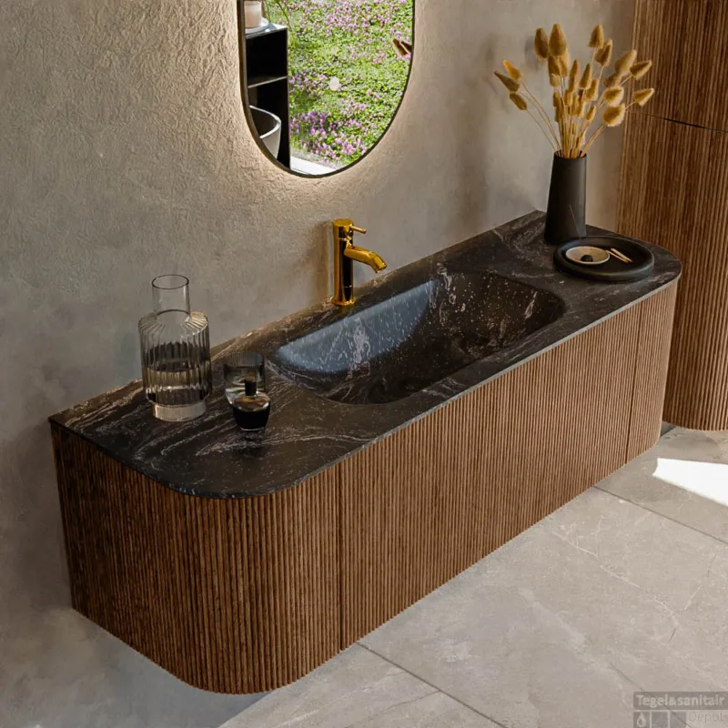 Exclusieve Aanbieding Mondiaz KURVE-DLUX 140 cm Onderkast Greeploos 1 Lade Met Deuren Walnut, Wastafel Solid Surface Midden Lava 1 Kraangat Zonder Spiegel (KRVBGS140L+R1L2D1KM-Wal/Lav)