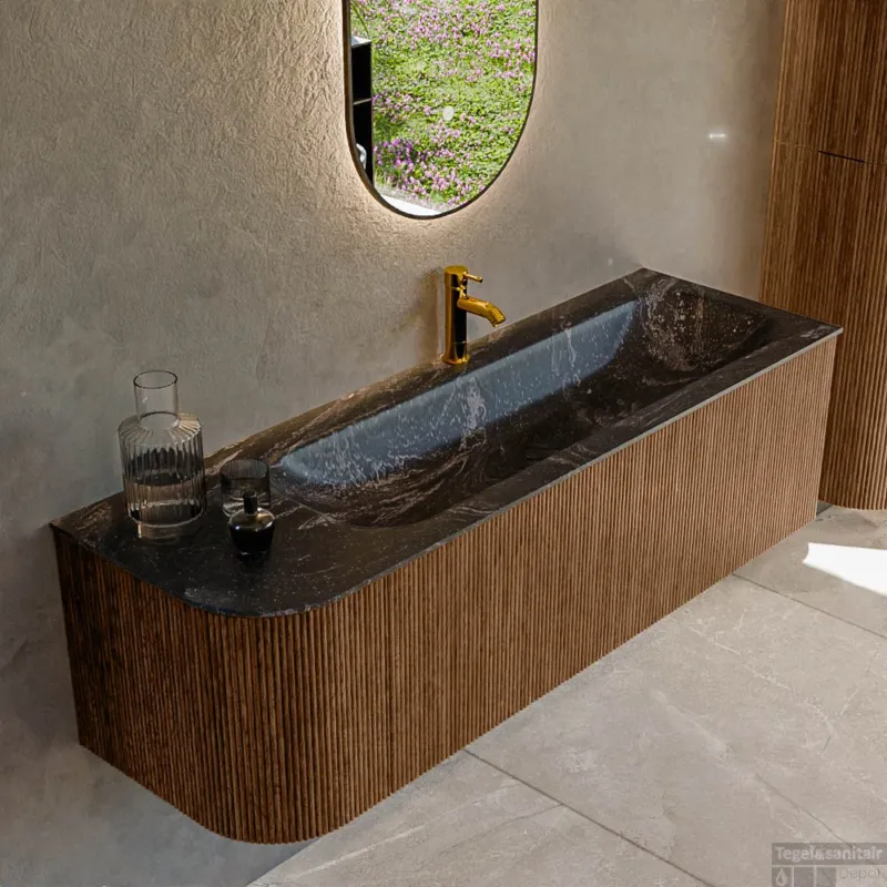 Mondiaz KURVE-DLUX 145 cm Onderkast Greeploos 1 Lade Met Deuren Walnut, Wastafel Solid Surface Rechts Lava 1 Kraangat Zonder Spiegel (KRVBGL145L1L1D1KR-Wal/Lav) Koop Vandaag