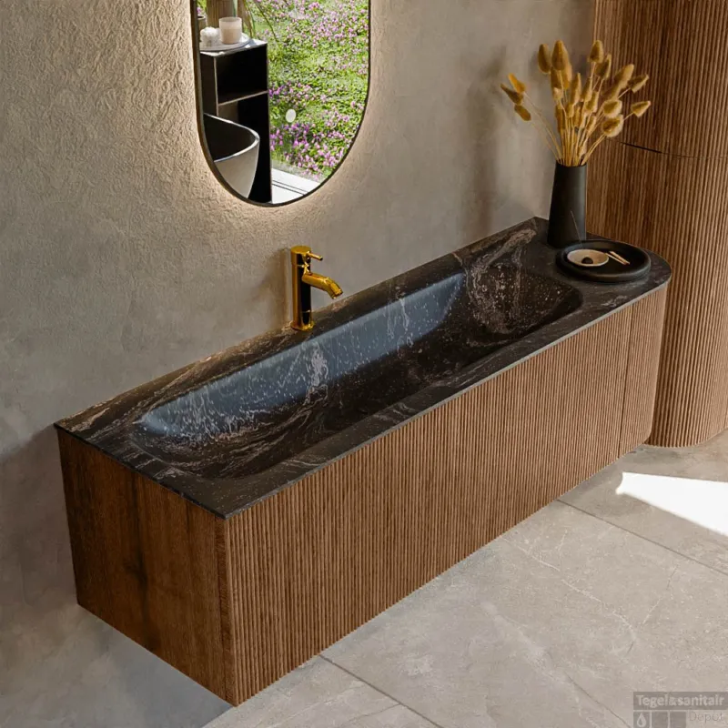 Mondiaz KURVE-DLUX 145 cm Onderkast Greeploos 1 Lade Met Deuren Walnut, Wastafel Solid Surface Links Lava 1 Kraangat Zonder Spiegel (KRVBGL145R1L1D1KL-Wal/Lav) Finale Uitverkoop