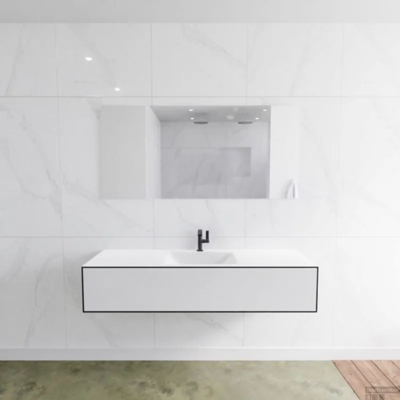 Direct Verzonden Badkamermeubelset Mondiaz LAGOM 150 cm met Gecentreerde Wastafel Solid Surface Met 1 Kraangat Mat Wit (1 lade)