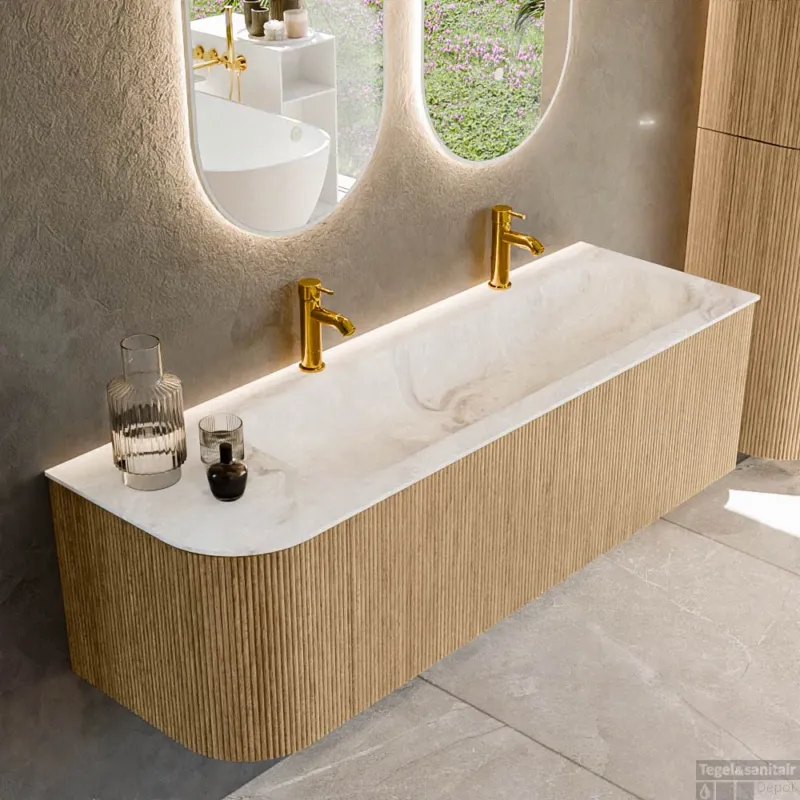 Mondiaz KURVE-DLUX 145 cm Onderkast Greeploos 1 Lade Met Deuren Oak, Wastafel Solid Surface Rechts Frappe 2 Kraangaten Zonder Spiegel (KRVBGL145L1L1D2KR-Oak/Fra) Must-Have