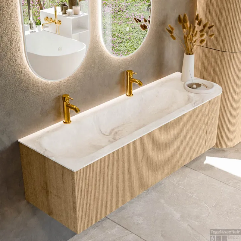 Mondiaz KURVE-DLUX 145 cm Onderkast Greeploos 1 Lade Met Deuren Oak, Wastafel Solid Surface Links Frappe 2 Kraangaten Zonder Spiegel (KRVBGL145R1L1D2KL-Oak/Fra) Beperkt Aanbod