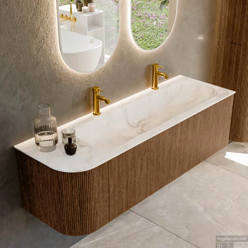 Mondiaz KURVE-DLUX 145 cm Onderkast Greeploos 1 Lade Met Deuren Walnut, Wastafel Solid Surface Rechts Frappe 2 Kraangaten Zonder Spiegel (KRVBGL145L1L1D2KR-Wal/Fra) Voordeelprijs