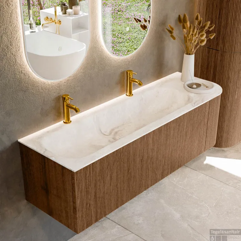 Voordeelprijs Mondiaz KURVE-DLUX 145 cm Onderkast Greeploos 1 Lade Met Deuren Walnut, Wastafel Solid Surface Links Frappe 2 Kraangaten Zonder Spiegel (KRVBGL145R1L1D2KL-Wal/Fra)
