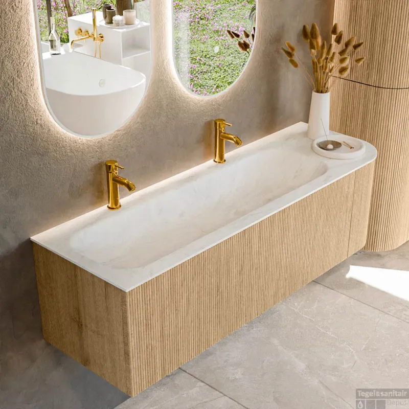 Must-Have Mondiaz KURVE-DLUX 145 cm Onderkast Greeploos 1 Lade Met Deuren Oak, Wastafel Solid Surface Links Opalo 2 Kraangaten Zonder Spiegel (KRVBGL145R1L1D2KL-Oak/Opa)