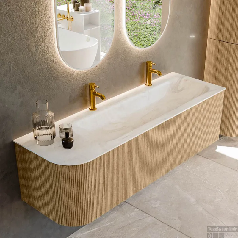 Betaalbaar Mondiaz KURVE-DLUX 145 cm Onderkast Greeploos 1 Lade Met Deuren Oak, Wastafel Solid Surface Rechts Ostra 2 Kraangaten Zonder Spiegel (KRVBGL145L1L1D2KR-Oak/Ost)