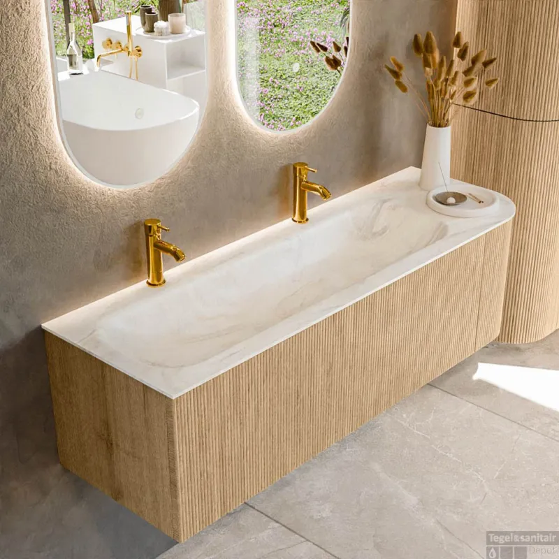 Mondiaz KURVE-DLUX 145 cm Onderkast Greeploos 1 Lade Met Deuren Oak, Wastafel Solid Surface Links Ostra 2 Kraangaten Zonder Spiegel (KRVBGL145R1L1D2KL-Oak/Ost) Koopje