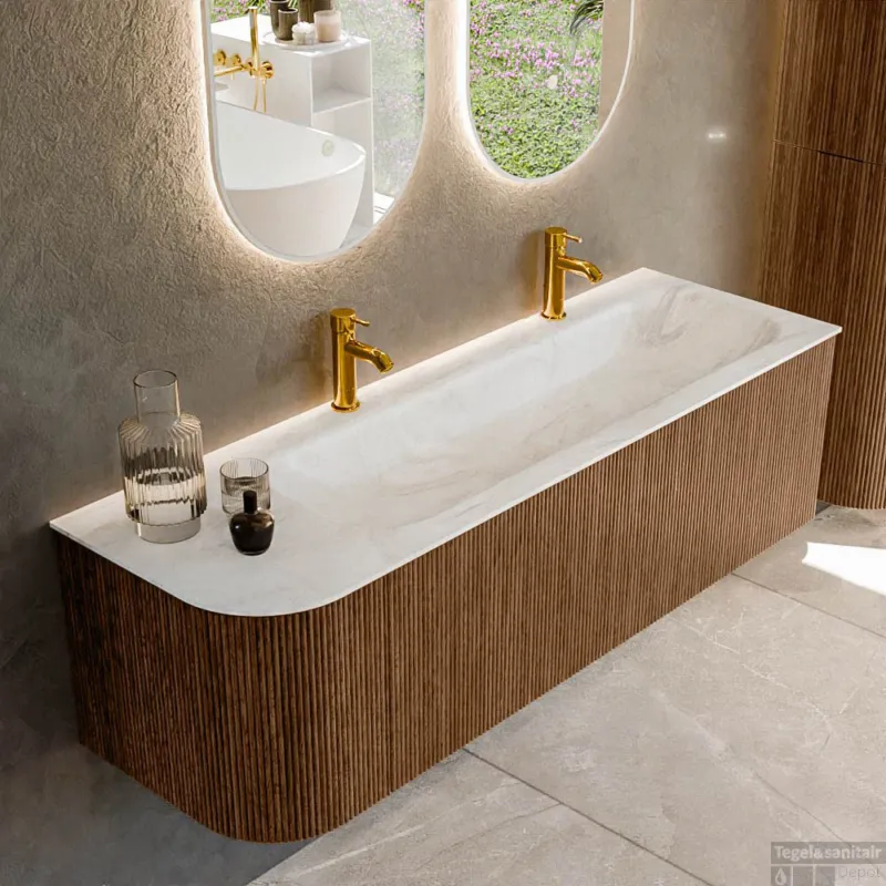 Mondiaz KURVE-DLUX 145 cm Onderkast Greeploos 1 Lade Met Deuren Walnut, Wastafel Solid Surface Rechts Ostra 2 Kraangaten Zonder Spiegel (KRVBGL145L1L1D2KR-Wal/Ost) Merkproduct