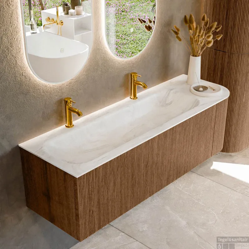 Actieprijs Mondiaz KURVE-DLUX 145 cm Onderkast Greeploos 1 Lade Met Deuren Walnut, Wastafel Solid Surface Links Ostra 2 Kraangaten Zonder Spiegel (KRVBGL145R1L1D2KL-Wal/Ost)