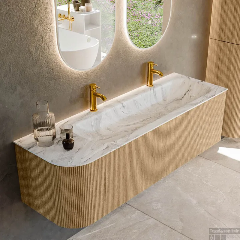 Mondiaz KURVE-DLUX 145 cm Onderkast Greeploos 1 Lade Met Deuren Oak, Wastafel Solid Surface Rechts Glace 2 Kraangaten Zonder Spiegel (KRVBGL145L1L1D2KR-Oak/Gla) Exclusieve Aanbieding