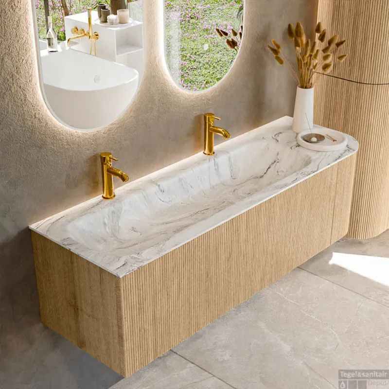 Superprijs Mondiaz KURVE-DLUX 145 cm Onderkast Greeploos 1 Lade Met Deuren Oak, Wastafel Solid Surface Links Glace 2 Kraangaten Zonder Spiegel (KRVBGL145R1L1D2KL-Oak/Gla)