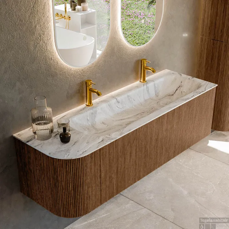 Tijdelijk Beschikbaar Mondiaz KURVE-DLUX 145 cm Onderkast Greeploos 1 Lade Met Deuren Walnut, Wastafel Solid Surface Rechts Glace 2 Kraangaten Zonder Spiegel (KRVBGL145L1L1D2KR-Wal/Gla)