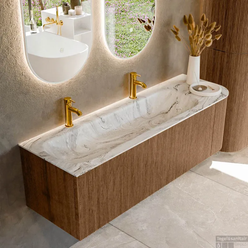 Premium Mondiaz KURVE-DLUX 145 cm Onderkast Greeploos 1 Lade Met Deuren Walnut, Wastafel Solid Surface Links Glace 2 Kraangaten Zonder Spiegel (KRVBGL145R1L1D2KL-Wal/Gla)