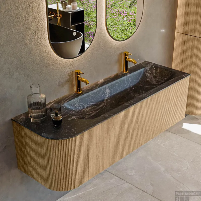 Mondiaz KURVE-DLUX 145 cm Onderkast Greeploos 1 Lade Met Deuren Oak, Wastafel Solid Surface Rechts Lava 2 Kraangaten Zonder Spiegel (KRVBGL145L1L1D2KR-Oak/Lav) Speciale Aanbieding