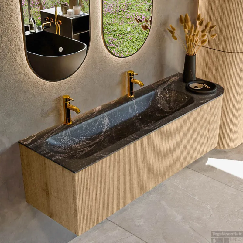 Weekendaanbieding Mondiaz KURVE-DLUX 145 cm Onderkast Greeploos 1 Lade Met Deuren Oak, Wastafel Solid Surface Links Lava 2 Kraangaten Zonder Spiegel (KRVBGL145R1L1D2KL-Oak/Lav)