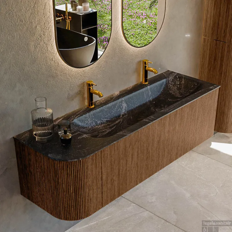 Mondiaz KURVE-DLUX 145 cm Onderkast Greeploos 1 Lade Met Deuren Walnut, Wastafel Solid Surface Rechts Lava 2 Kraangaten Zonder Spiegel (KRVBGL145L1L1D2KR-Wal/Lav) Speciale Aanbieding