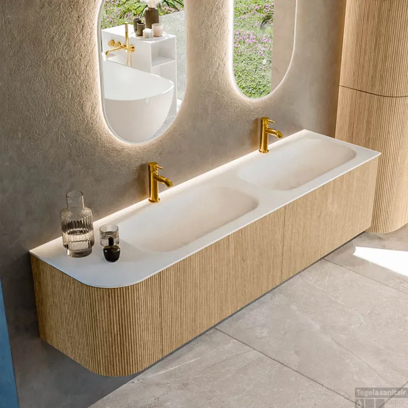 Mondiaz KURVE 175 cm Onderkast Greeploos 2 Lades Met Deuren Oak, Wastafel Solid Surface Rechts Talc 2 Kraangaten Zonder Spiegel (KRVBGS175L2L1D2KD-Oak/Tal) Lage Prijs