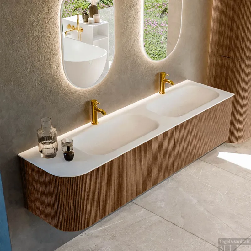 Mondiaz KURVE 175 cm Onderkast Greeploos 2 Lades Met Deuren Walnut, Wastafel Solid Surface Rechts Talc 2 Kraangaten Zonder Spiegel (KRVBGS175L2L1D2KD-Wal/Tal) Veilige Betaling