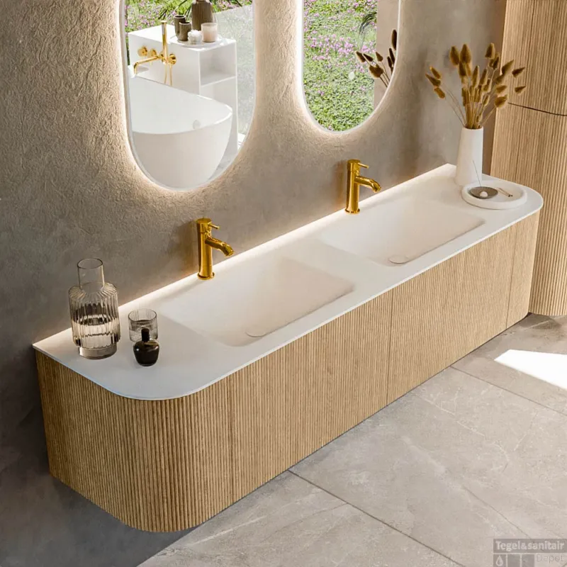 Speciale Aanbieding Mondiaz KURVE 180 cm Onderkast Greeploos 2 Lades Met Deuren Oak, Wastafel Solid Surface Dubbel Talc 2 Kraangaten Zonder Spiegel (KRVCLO180L+R2L2D2KD-Oak/Tal)