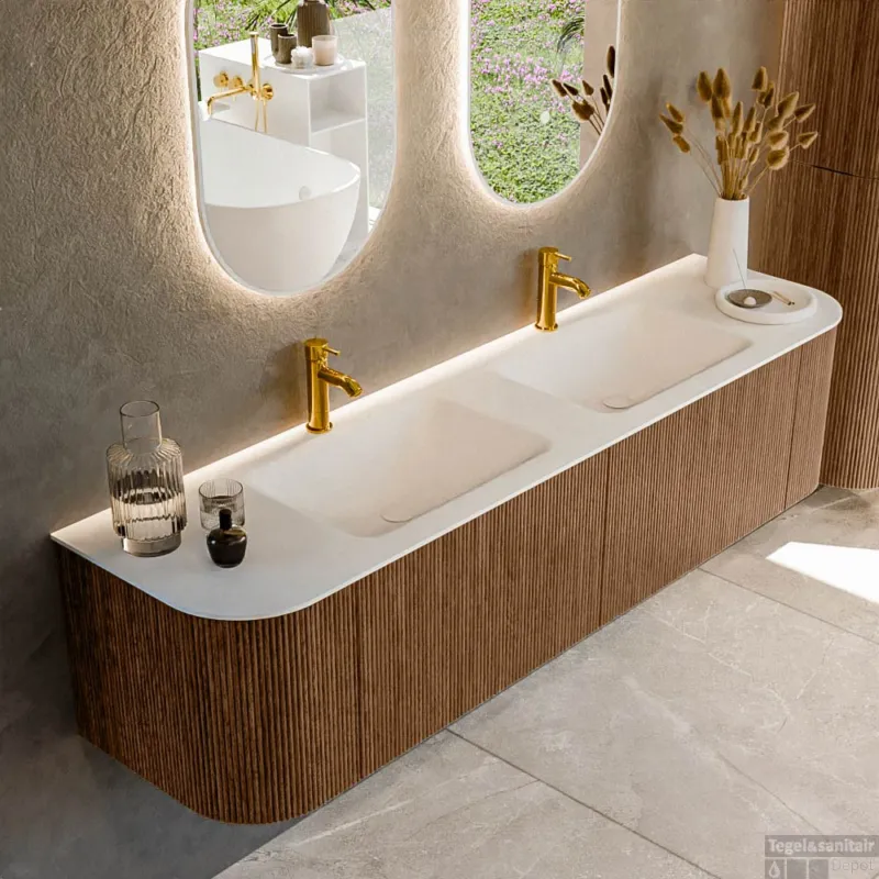 Mondiaz KURVE 180 cm Onderkast Greeploos 2 Lades Met Deuren Walnut, Wastafel Solid Surface Dubbel Talc 2 Kraangaten Zonder Spiegel (KRVCLO180L+R2L2D2KD-Wal/Tal) Actieprijs