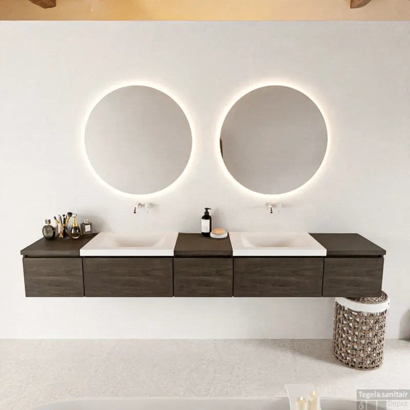 MONDIAZ BUKLA 240cm badmeubel met module 40 kleur Dark Brown met 5 lades. Wastafel CLOUD dubbel 0 kraangaten kleur Talc. Direct Beschikbaar