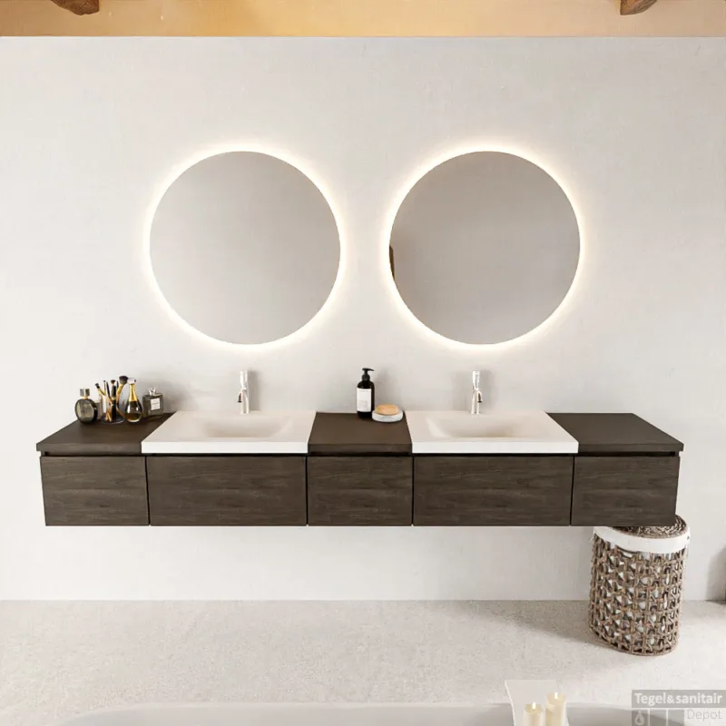 Korting MONDIAZ BUKLA 240cm badmeubel met module 40 kleur Dark Brown met 5 lades. Wastafel CLOUD dubbel 2 kraangaten kleur Talc.