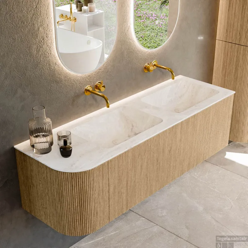 Mondiaz KURVE-DLUX 145 cm Onderkast Greeploos 1 Lade Met Deuren Oak, Wastafel Solid Surface Rechts Frappe 0 Kraangaten Zonder Spiegel (KRVLEA145L1L1D0KD-Oak/Fra) Premium