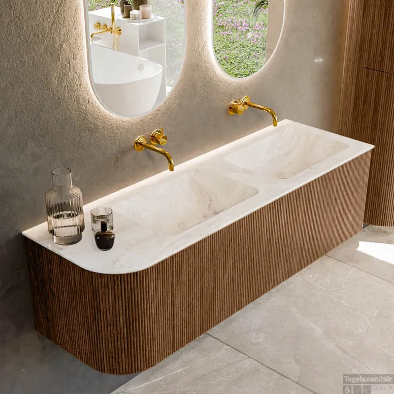 Mondiaz KURVE-DLUX 145 cm Onderkast Greeploos 1 Lade Met Deuren Walnut, Wastafel Solid Surface Rechts Frappe 0 Kraangaten Zonder Spiegel (KRVLEA145L1L1D0KD-Wal/Fra) Hoge Kwaliteit