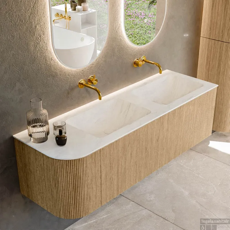Mondiaz KURVE-DLUX 145 cm Onderkast Greeploos 1 Lade Met Deuren Oak, Wastafel Solid Surface Rechts Opalo 0 Kraangaten Zonder Spiegel (KRVLEA145L1L1D0KD-Oak/Opa) Finale Uitverkoop