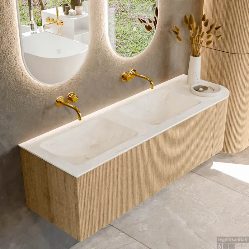 Nu Kopen Mondiaz KURVE-DLUX 145 cm Onderkast Greeploos 1 Lade Met Deuren Oak, Wastafel Solid Surface Links Opalo 0 Kraangaten Zonder Spiegel (KRVLEA145R1L1D0KD-Oak/Opa)