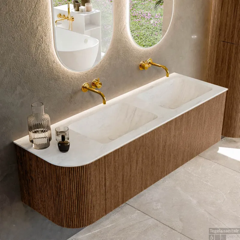 Speciale Aanbieding Mondiaz KURVE-DLUX 145 cm Onderkast Greeploos 1 Lade Met Deuren Walnut, Wastafel Solid Surface Rechts Opalo 0 Kraangaten Zonder Spiegel (KRVLEA145L1L1D0KD-Wal/Opa)