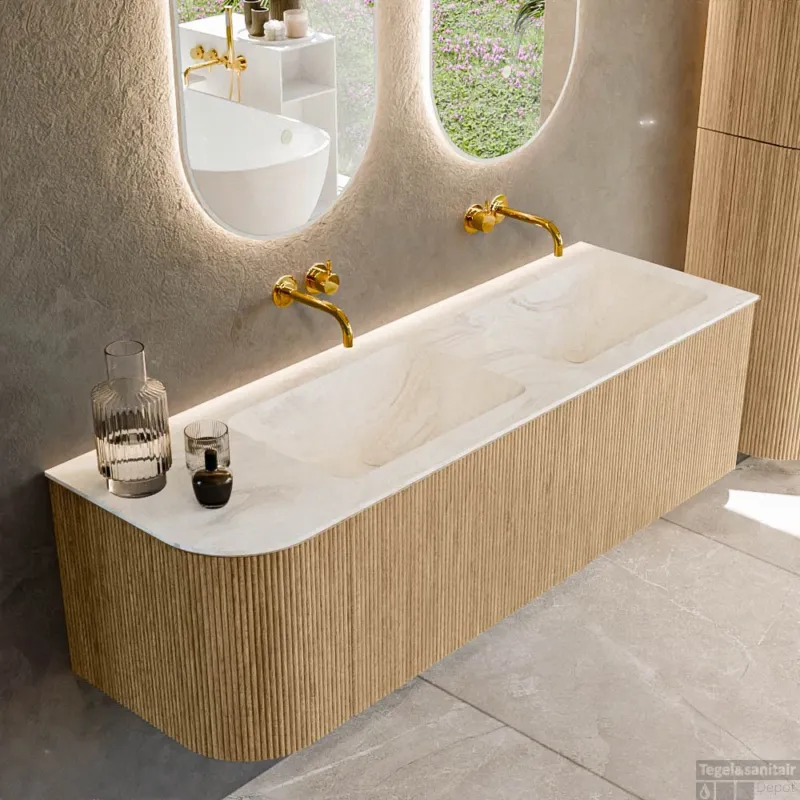 Lage Kosten Mondiaz KURVE-DLUX 145 cm Onderkast Greeploos 1 Lade Met Deuren Oak, Wastafel Solid Surface Rechts Ostra 0 Kraangaten Zonder Spiegel (KRVLEA145L1L1D0KD-Oak/Ost)