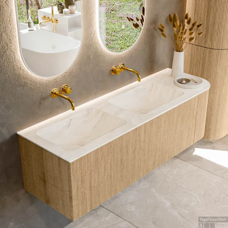 Mondiaz KURVE-DLUX 145 cm Onderkast Greeploos 1 Lade Met Deuren Oak, Wastafel Solid Surface Links Ostra 0 Kraangaten Zonder Spiegel (KRVLEA145R1L1D0KD-Oak/Ost) Must-Have