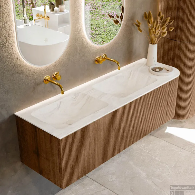 Beste Prijs Mondiaz KURVE-DLUX 145 cm Onderkast Greeploos 1 Lade Met Deuren Walnut, Wastafel Solid Surface Links Ostra 0 Kraangaten Zonder Spiegel (KRVLEA145R1L1D0KD-Wal/Ost)