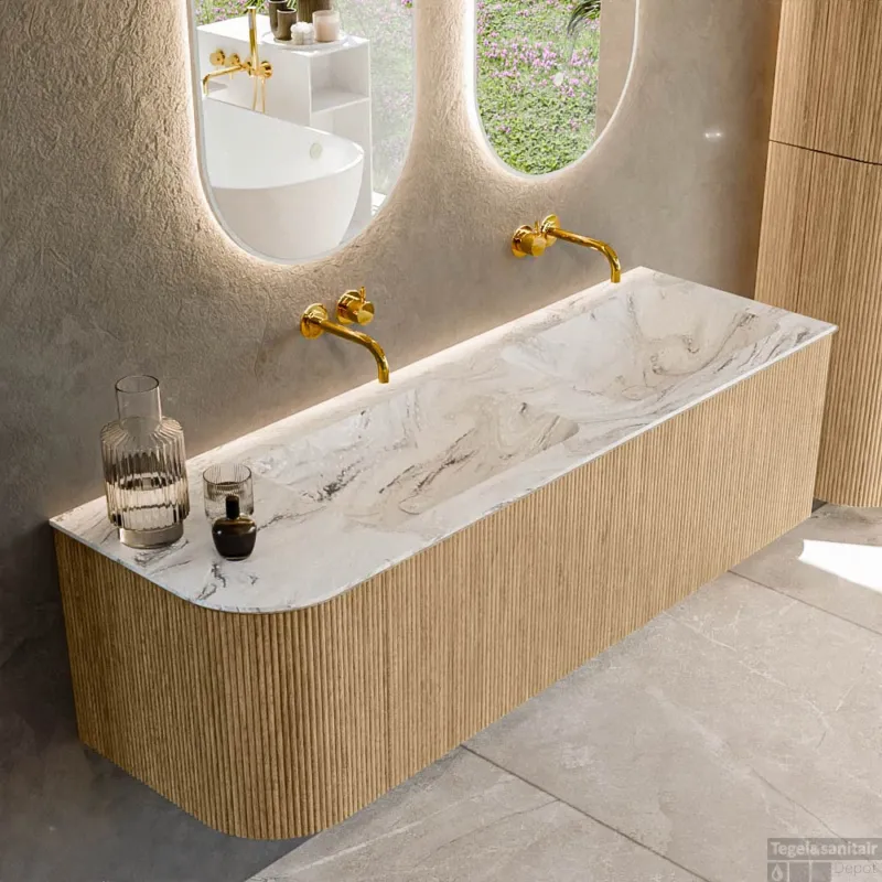 Goedkoop Mondiaz KURVE-DLUX 145 cm Onderkast Greeploos 1 Lade Met Deuren Oak, Wastafel Solid Surface Rechts Glace 0 Kraangaten Zonder Spiegel (KRVLEA145L1L1D0KD-Oak/Gla)