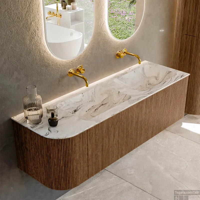 Op = Op Mondiaz KURVE-DLUX 145 cm Onderkast Greeploos 1 Lade Met Deuren Walnut, Wastafel Solid Surface Rechts Glace 0 Kraangaten Zonder Spiegel (KRVLEA145L1L1D0KD-Wal/Gla)