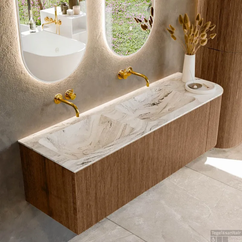 Mondiaz KURVE-DLUX 145 cm Onderkast Greeploos 1 Lade Met Deuren Walnut, Wastafel Solid Surface Links Glace 0 Kraangaten Zonder Spiegel (KRVLEA145R1L1D0KD-Wal/Gla) Uitverkoop