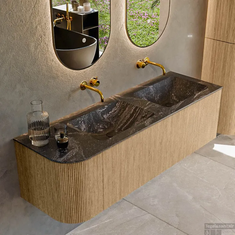 Voordeelprijs Mondiaz KURVE-DLUX 145 cm Onderkast Greeploos 1 Lade Met Deuren Oak, Wastafel Solid Surface Rechts Lava 0 Kraangaten Zonder Spiegel (KRVLEA145L1L1D0KD-Oak/Lav)