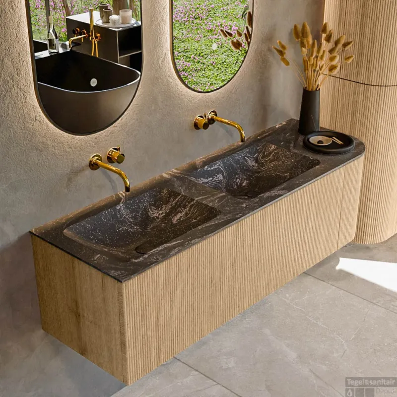 Flitsaanbieding Mondiaz KURVE-DLUX 145 cm Onderkast Greeploos 1 Lade Met Deuren Oak, Wastafel Solid Surface Links Lava 0 Kraangaten Zonder Spiegel (KRVLEA145R1L1D0KD-Oak/Lav)
