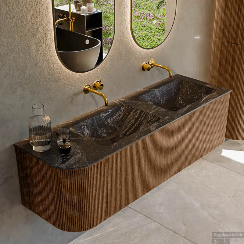 Mondiaz KURVE-DLUX 145 cm Onderkast Greeploos 1 Lade Met Deuren Walnut, Wastafel Solid Surface Rechts Lava 0 Kraangaten Zonder Spiegel (KRVLEA145L1L1D0KD-Wal/Lav) Bestseller