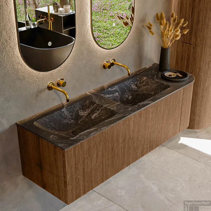 Fabrieksprijs Mondiaz KURVE-DLUX 145 cm Onderkast Greeploos 1 Lade Met Deuren Walnut, Wastafel Solid Surface Links Lava 0 Kraangaten Zonder Spiegel (KRVLEA145R1L1D0KD-Wal/Lav)
