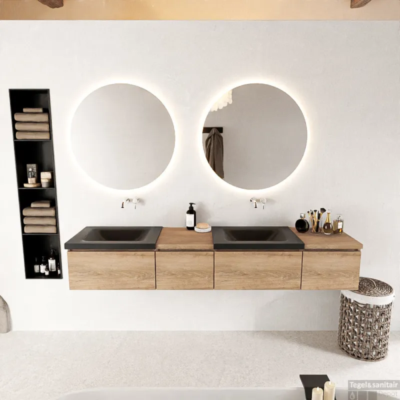 Weekendaanbieding MONDIAZ BUKLA 200cm badmeubel met module 40 links kleur Washed Oak met 4 lades. Wastafel CLOUD dubbel 0 kraangaten kleur Urban.