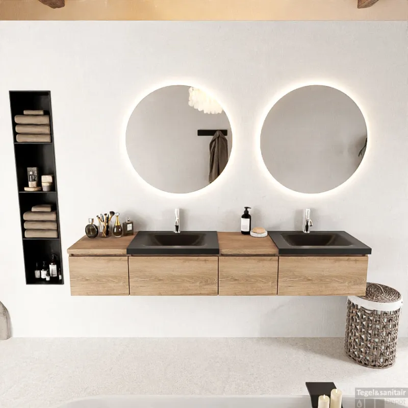MONDIAZ BUKLA 200cm badmeubel met module 40 rechts kleur Washed Oak met 4 lades. Wastafel CLOUD dubbel 2 kraangaten kleur Urban. Superprijs