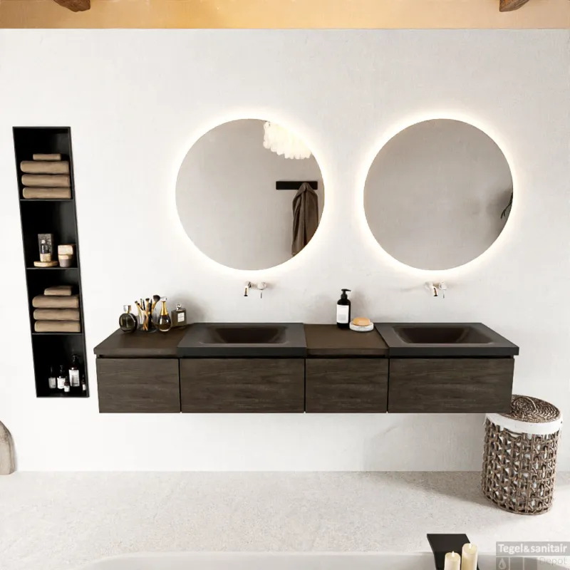 Beperkte Voorraad MONDIAZ BUKLA 200cm badmeubel met module 40 rechts kleur Dark Brown met 4 lades. Wastafel CLOUD dubbel 0 kraangaten kleur Urban.